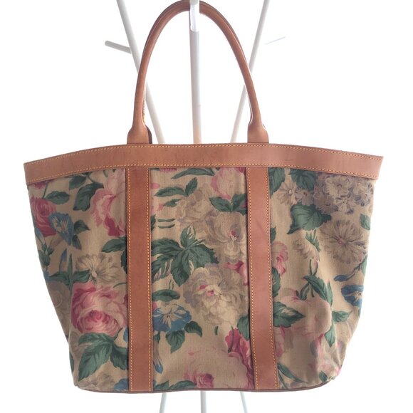 VINTAGE RALPH LAUREN TOTE OVERNIGHT BAG FLORAL LEATHER CANVAS - Picture 2 of 11